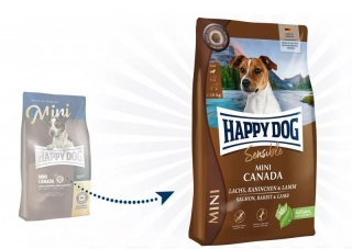 Сухой беззерновой гипоаллергенный корм для взрослых собак до 10 кг Happy Dog Mini Canada 25/14 (лосось, кролик, ягненок, мидии)